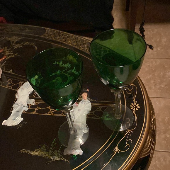 Murano Art Glass 2 Green Clear Ribbed Stem Vintage Style Hand Blown Wine Glass - Picture 3 of 4